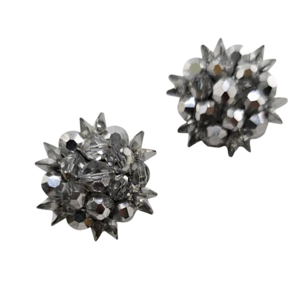 Vintage Silvertone Rhinestone & Crystal Clip Earrings (A8018)